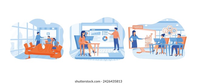 Professional online training. Online training on a screen of tablet. Online Training Conference for Office Workers. set flat vector modern illustration 