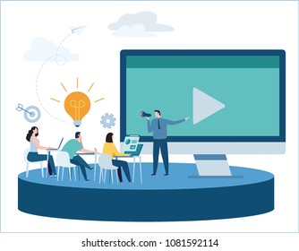 Professional online training vector illustration.
education webinar banner.
business courses video tutorial concept.
skill development.
flat cartoon design for mobile and web