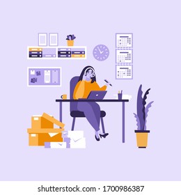 Professional operator of customer support service working on computer. Young operator of technical support at work. Concept of technical support. Vector flat design illustration.