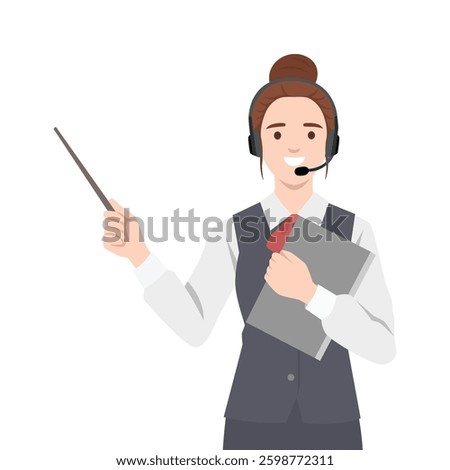 Professional Operator or Instructor Giving a Presentation holds a pointer and a folder. Flat vector illustration isolated on white background