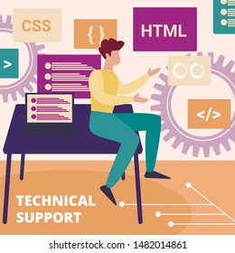 Professional Operator of Technical Support Service for Computers Sitting at Table with Laptop. Programmer Client Help, Assistance, Fixing Software Bugs. Cartoon Flat Vector Illustration, Square Banner