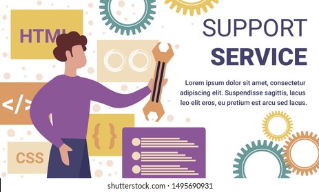 Professional Operator of Technical Support Service for Computers Holding Wrench in Hands Working on Fixing Bugs in Software. Programmer Client Help. Cartoon Flat Vector Illustration, Horizontal Banner