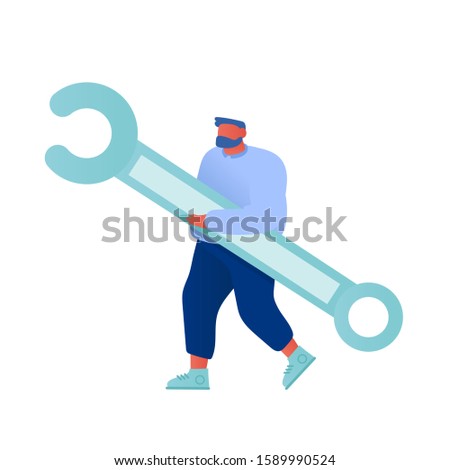 Professional Operator of Technical Support Service for Computers Concept. Programmer Holding Wrench in Hands Working on Fixing Bugs in Software. Helping to Clients. Cartoon Flat Vector Illustration