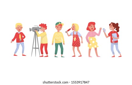 Professional Operators, Journalists And Bloggers At Work Vector Illustration Set Isolated On White Background