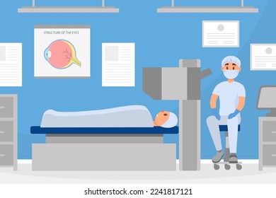 Professional optician doing laser correction. Ophthalmologist doctor checking eye sight of patient. Eye surgery cartoon vector