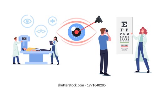 Professional Optician Exam For Laser Correction, Eye Surgery And Vision Treatment. Ophthalmologist Doctor Character Check Eyesight. Oculist Checkup Eye Sight. Cartoon People Vector Illustration