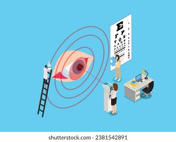 Examen óptico profesional para corrección láser, cirugía ocular y tratamiento de la visión concepto vectorial 3d isométrico para ilustración, banner, sitio web, página de aterrizaje, volante, etc.