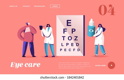 Professional Optician Exam Vision Treatment Landing Page Template. Ophthalmologist Doctor Character Check Eyesight. Oculist Checkup Sight and Prescribe Eye Drops. Cartoon People Vector Illustration