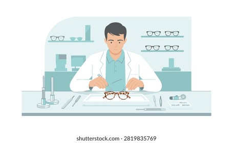 Professional optician working at a workbench crafting or repairing tortoiseshell eyeglasses.