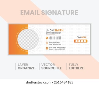 Professional Orange Email Signature Template for Designers, Editable Vector Layout with Photo Placeholder, Contact Info, Logo Space, and Modern Clean Design.