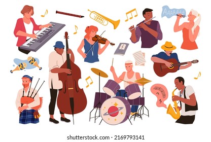 Orquesta profesional, tiempo de hobby de ocio musical, cantantes y actuaciones de conciertos de banda, ilustración vectorial de tambores y guitarristas. Amplia selección de músicos tocando en diversos instrumentos