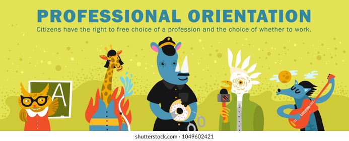 Professional orientation header on green background with humanized animals including parrot journalist, giraffe fire fighter vector illustration