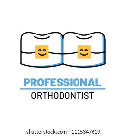 Professional orthodontist logo. Alignment of teeth with braces. Dental clinic services. After correction with brackets. Stomatology check up, hygiene and treatment. Teeth implantation and restoration.