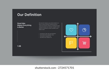 Professionelle "Unsere Definition" Folie Präsentation Vorlage mit einem sauberen und minimalen Design. Ideal zur Erläuterung von Kerngeschäftskonzepten, Projektdefinitionen, Schlüsselbegriffen, Terminologie und grundlegenden Prinzipien in Unternehmenspräsentationen, Schulungsunterlagen und Startup-Pitches.