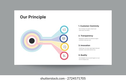 Profesional "Nuestro Principio" Plantilla de presentación de diapositivas con un diseño limpio y corporativo. Ideal para mostrar los valores fundamentales de la empresa, la ética empresarial, los principios rectores, la filosofía corporativa y los estándares impulsados por la misión en los perfiles de la empresa y las plataformas de presentación.