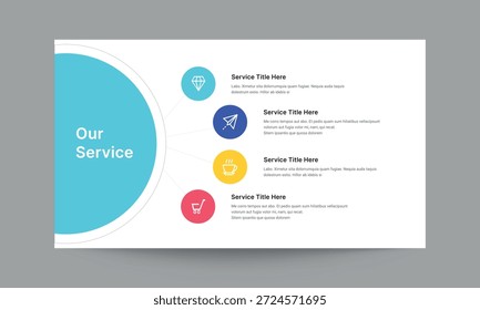 Profesional "Nuestro servicio" Plantilla de presentación de diapositivas con un diseño limpio y moderno. Perfecto para mostrar soluciones comerciales, ofertas de empresas, paquetes de servicios y competencias básicas en perfiles corporativos, Carteras de agencias y presentaciones.