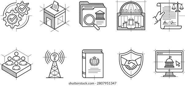 A professional outline icon collection featuring government, legal, administrative, and public service concepts including policy, courthouse, legal documents, public records, cybersecurity, communication, and digital governance. Ideal for websites, mobile apps, dashboards, presentations, infographics, civic services, and institutional design projects.
