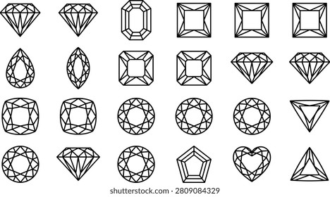 Professional outline icon collection featuring various gemstone cuts and diamond shapes, including round, square, oval, pear, heart, emerald, and triangular designs. Ideal for jewelry stores, luxury branding, ecommerce platforms, product catalogs, and gemstone-related applications.