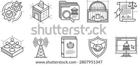 A professional outline icon collection featuring government, legal, administrative, and public service concepts including policy, courthouse, legal documents, public records, cybersecurity, communication, and digital governance. Ideal for websites, mobile apps, dashboards, presentations, infographics, civic services, and institutional design projects.