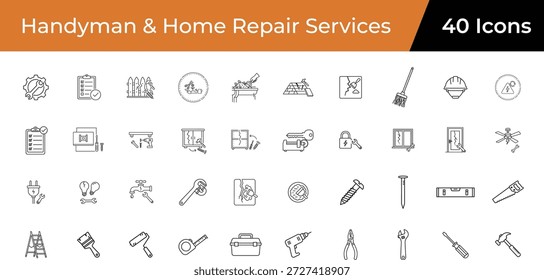 Conjunto de ícones de contorno profissional com 40 ícones essenciais de handyman e serviço de reparo em casa em um estilo de linha limpo e consistente.