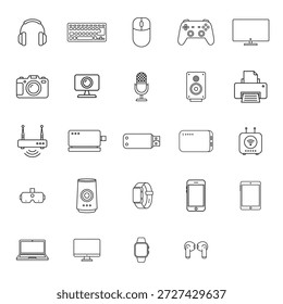 Professional outline icon set featuring a wide range of modern electronic and digital devices used in everyday personal, office, gaming, streaming, and smart-home environments.