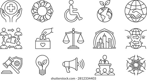 Professional outline icon set featuring social impact, community support, healthcare, accessibility, sustainability, justice, charity, global partnership, public speaking, and humanitarian concepts. Ideal for nonprofit organizations, government services, healthcare platforms, educational materials, websites, and commercial UI design projects.