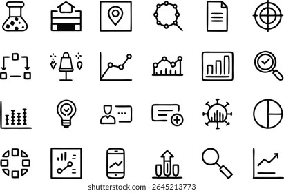 Professional outline icon set focused on analysis topics designed for infographics web platforms research tools business strategies and statistics related content