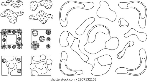 Professional outline illustration collection featuring organic landscape design shapes, planting beds, garden layouts, and top view landscape planning elements. Perfect for landscape architecture, CAD drawings, site plans, urban planning, garden design, presentations, and commercial vector projects.