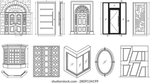 A professional outline vector collection featuring architectural doors, windows, decorative glass panels, and technical elevation details in modern and classical styles. Ideal for CAD drawings, construction documentation, architectural presentations, engineering projects, and interior design resources.
