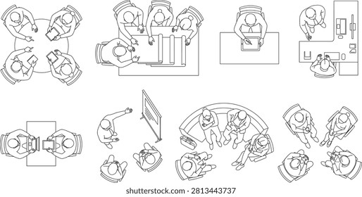 A professional outline vector collection featuring top view office people in meetings, collaborative workspaces, presentations, reception areas, desks, and waiting lounges. Ideal for architectural floor plans, workspace planning, interior design, business presentations, infographics, and commercial vector projects.