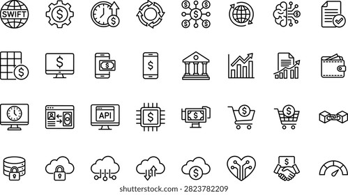 Professional outline vector icon collection featuring digital banking, fintech, online payments, financial security, cloud finance, mobile banking, API integration, blockchain, and investment concepts. Ideal for banking apps, fintech platforms, websites, dashboards, presentations, UI design, and digital finance projects.