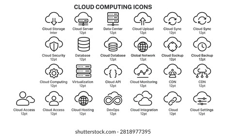 Professional outline vector icons representing cloud architecture development operations content delivery network application interface system monitoring global connectivity hosting infrastructure database management technical integration remote server access digital workflow.