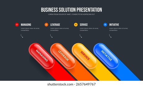 Professional Overview Slide Design Vector Illustration. Creative Launch Four Element Infographic Frame Layout. Visual Portfolio 4 Option Diagram Presentation Template.