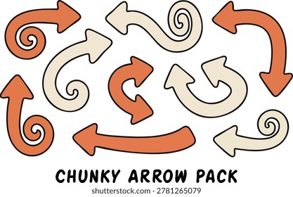Professional pack of bold chunky arrows in warm retro colors, featuring hand-drawn strokes for a natural and artistic look in any design project.