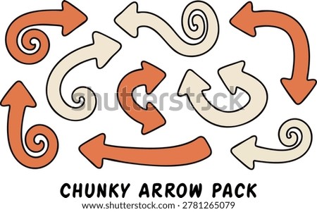 Professional pack of bold chunky arrows in warm retro colors, featuring hand-drawn strokes for a natural and artistic look in any design project.