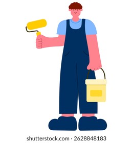 professional painter holding paint roller, home renovation, wall painting, and construction work concept