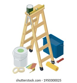 Professional painter isometric tools on white background, home decoration and renovation concept