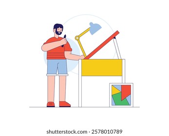 Professional painter man preparing to do artwork in his workspace, art activity. Character design. Vector flat illustration