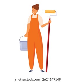 Pintor profissional em macacão laranja segurando um rolo de tinta e balde, preparando-se para a reforma e decoração da casa