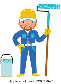 Professional painter with the paint roller. Building worker character. vector stock illustration