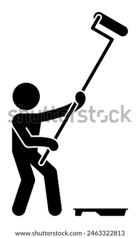 Professional painter with paint roller icon. Worker man character painting wall. Isolated flat vector illustration.