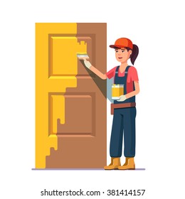 Professional painter painting door in yellow color. Flat style modern vector illustration.