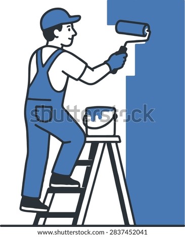 Professional Painter Using Paint Roller on Wall, Home Renovation and Interior Painting Service Worker Illustration