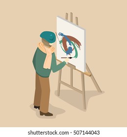 Professional Painter Wearing A Scarf And Beret Painting A Picture On An Easel. Artist Painter At Work Easel Flat 3d Web Isometric Infographic Concept Vector Template.