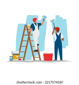 Professional painters and decorators painting walls in a residential room with professional equipment