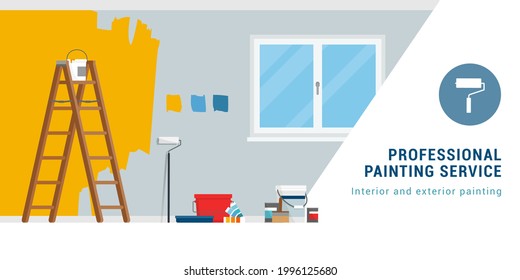 Professional Painting Service Banner With Work Tools And Copy Space