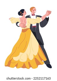 Professional pair dancing waltz, isolated man and woman moving and doing classic movements and practicing or performing on stage. Skillful characters in dress an formal suit. Vector in flat style