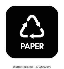 Professional paper recycling label icon featuring the universal recycling symbol and Paper text in a high-contrast monochrome design. Ideal for recycling bins, waste sorting stations, office recycling programs, environmental education, sustainability initiatives, schools, municipalities, public facilities, and waste management systems.