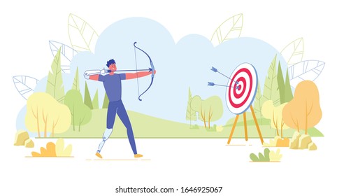 Deportista Paralímpico Profesional o Atleta Amateur entusiasta en el tiro con arco durante el entrenamiento o en competiciones. Deportista discapacitado o discapacitado con carácter de tesis de extremidades. Ilustración de vectores planos de dibujos animados.