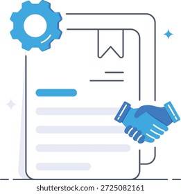 Documento de Acuerdo de la sociedad de Profesional con íconos de engranajes y apretones de manos que simbolizan un acuerdo comercial o un Acuerdo de nivel de servicio en un estilo de Ilustración vectorial plana isométrica limpia.